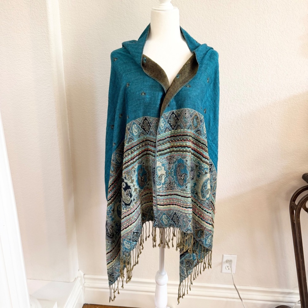 Womens Teal Blue Paisley Fringe Shawl Wrap Reversible Oversized Boho Scarf 72x52